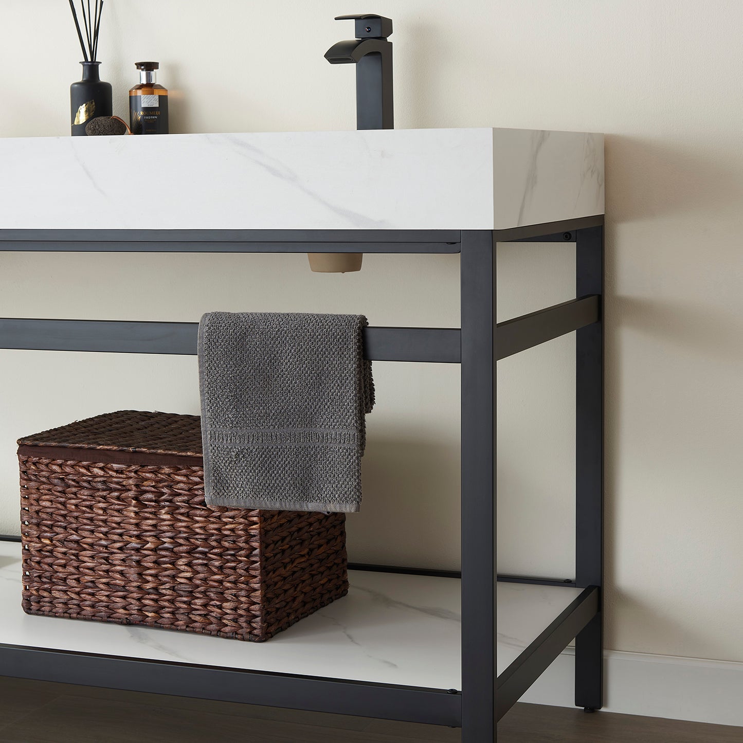 Vinnova, Funes 60M" Double Sink Bath Vanity in Matt Black Metal Support with White Sintered Stone Top and Mirror