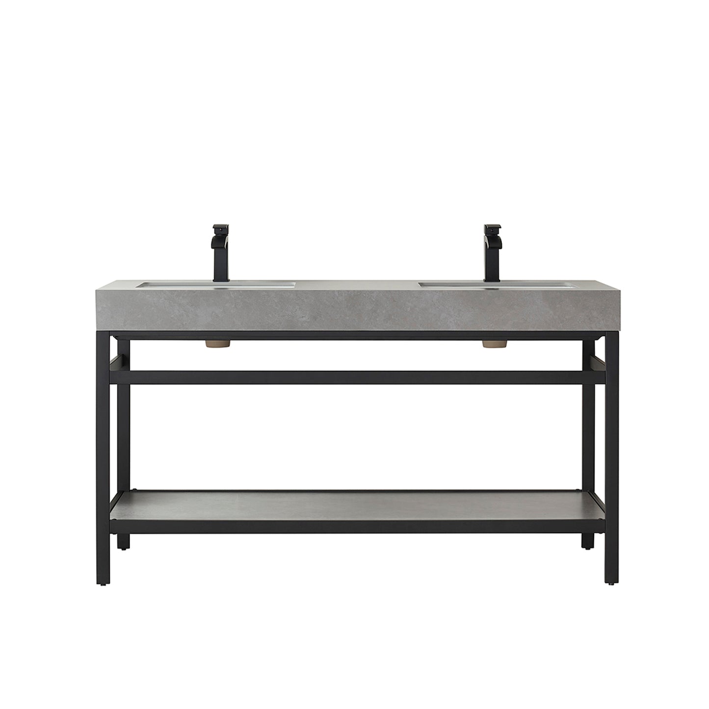 Vinnova, Funes 60M" Double Sink Bath Vanity in Matt Black Metal Support with Grey Sintered Stone Top