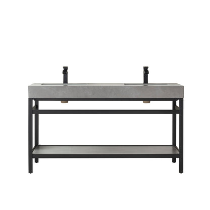 Vinnova, Funes 60M" Double Sink Bath Vanity in Matt Black Metal Support with Grey Sintered Stone Top