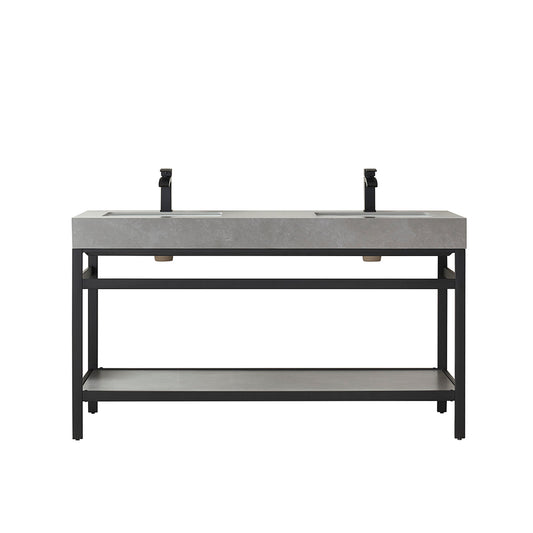 Vinnova, Funes 60M" Double Sink Bath Vanity in Matt Black Metal Support with Grey Sintered Stone Top