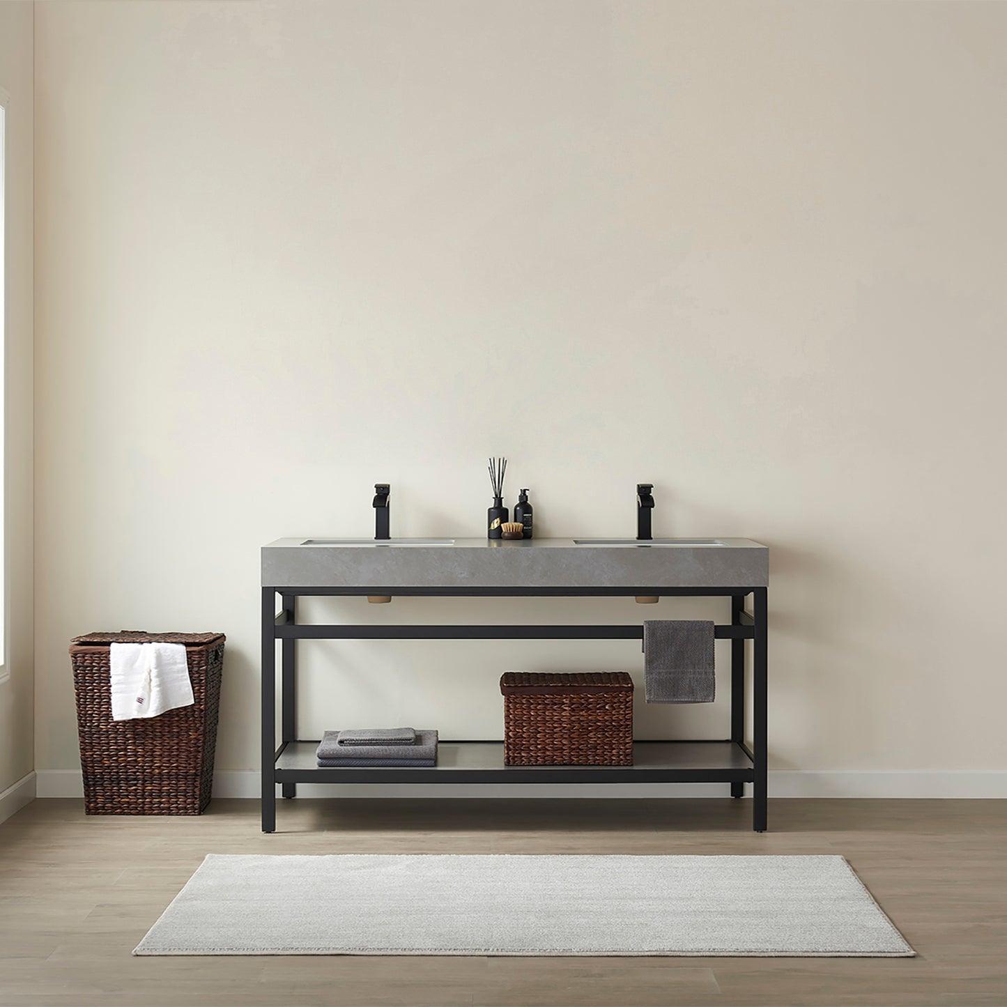 Vinnova, Funes 60M" Double Sink Bath Vanity in Matt Black Metal Support with Grey Sintered Stone Top