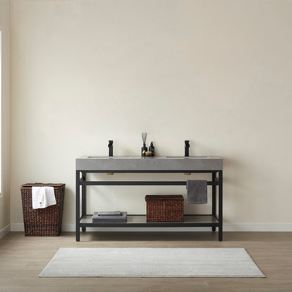 Vinnova, Funes 60M" Double Sink Bath Vanity in Matt Black Metal Support with Grey Sintered Stone Top