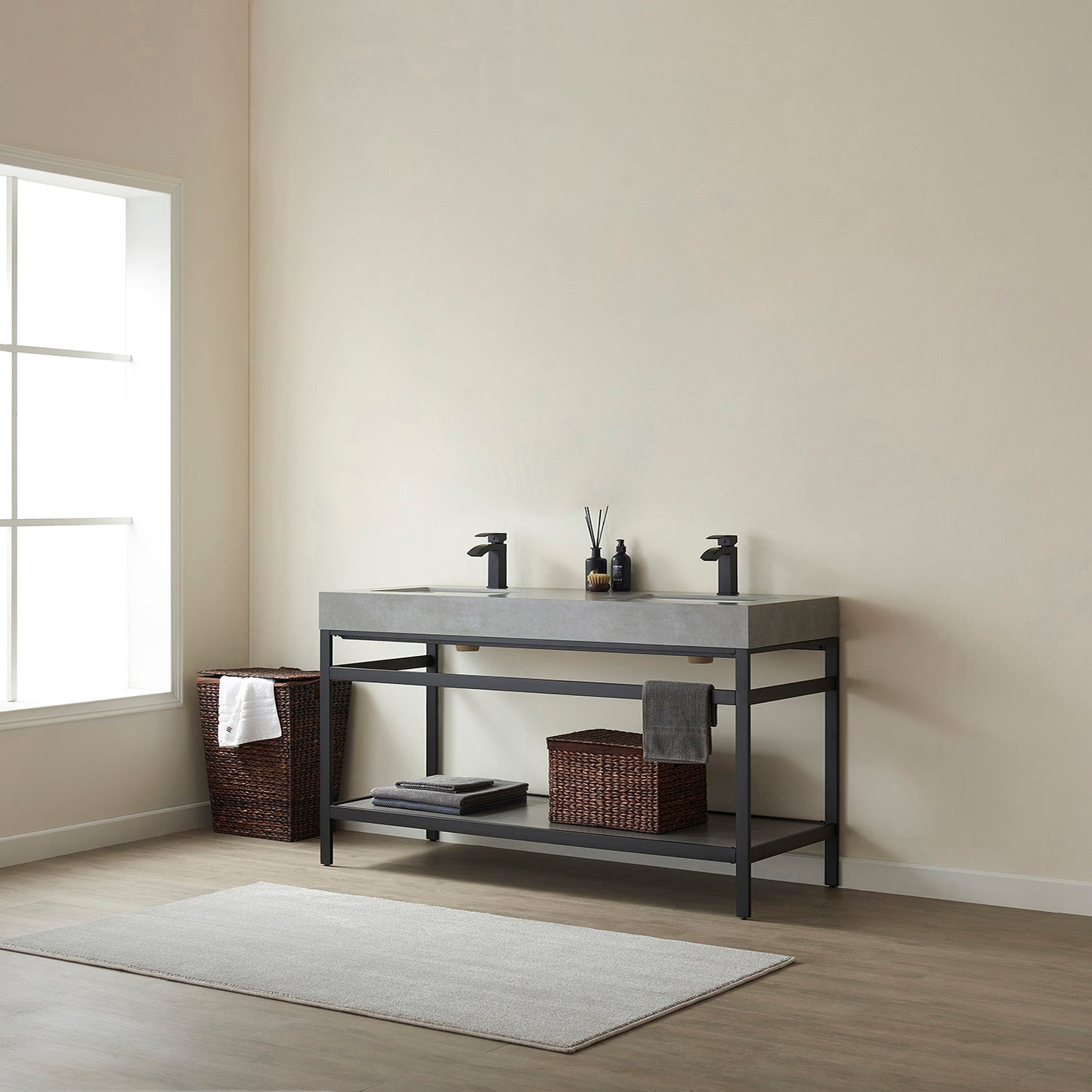 Vinnova, Funes 60M" Double Sink Bath Vanity in Matt Black Metal Support with Grey Sintered Stone Top