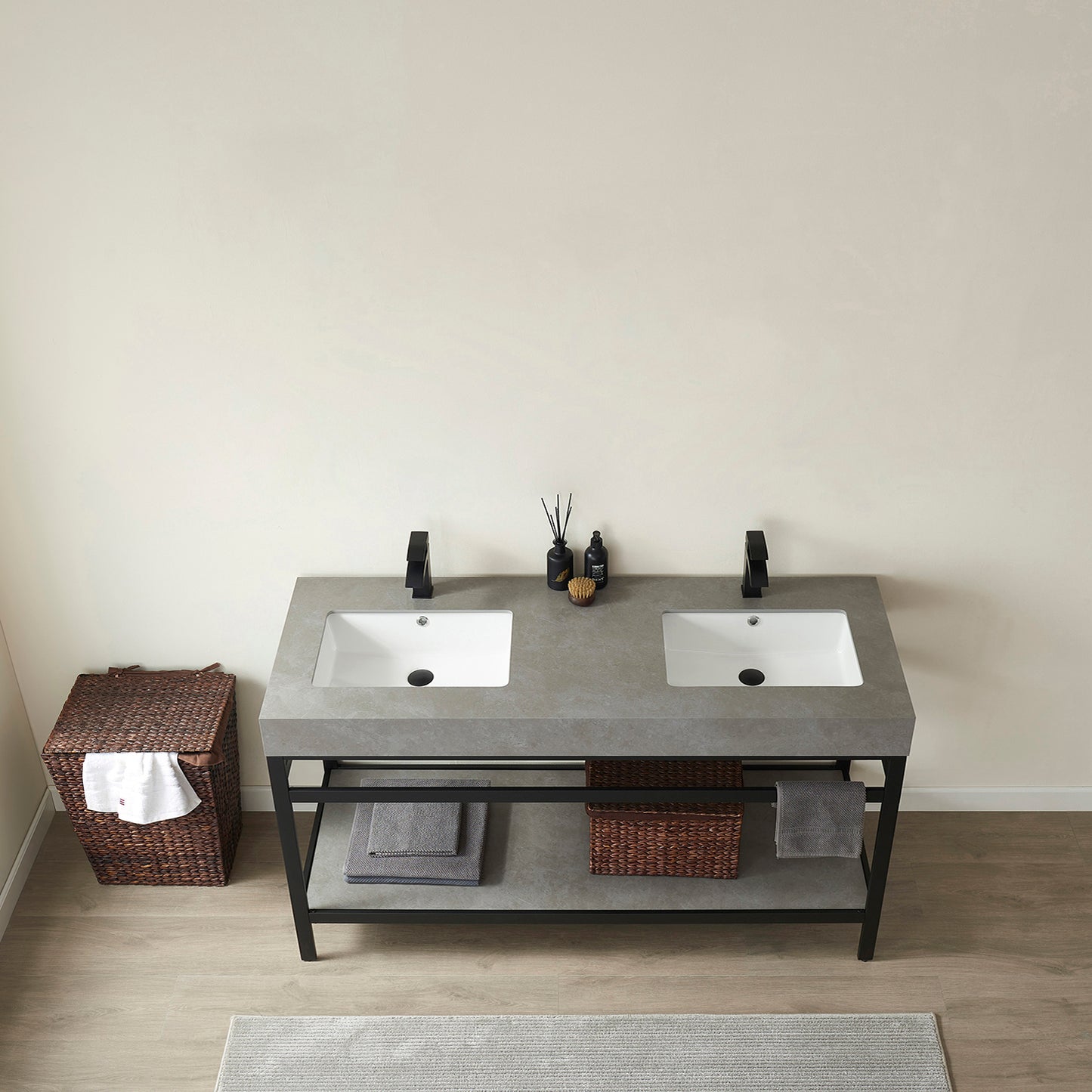 Vinnova, Funes 60M" Double Sink Bath Vanity in Matt Black Metal Support with Grey Sintered Stone Top
