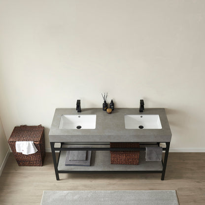 Vinnova, Funes 60M" Double Sink Bath Vanity in Matt Black Metal Support with Grey Sintered Stone Top