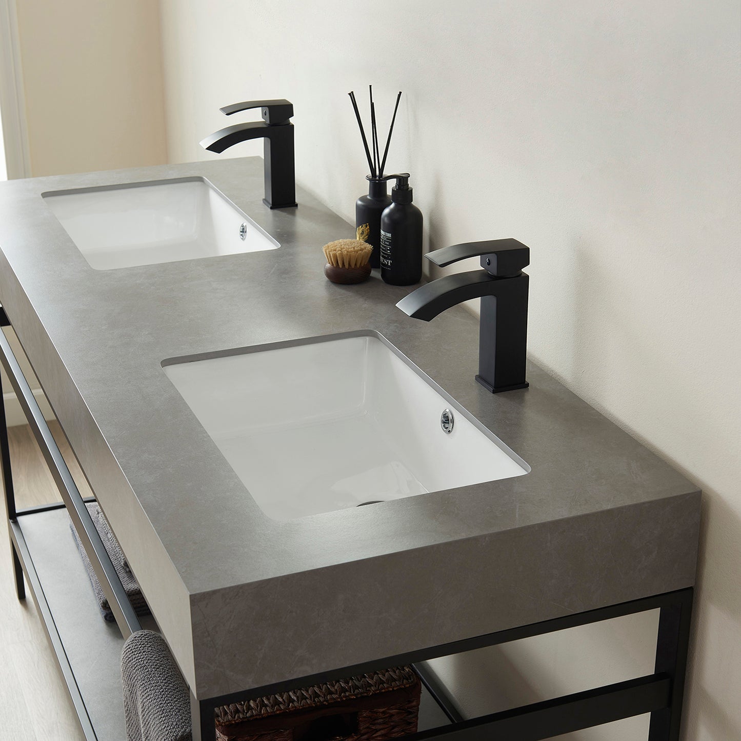 Vinnova, Funes 60M" Double Sink Bath Vanity in Matt Black Metal Support with Grey Sintered Stone Top