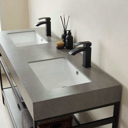 Vinnova, Funes 60M" Double Sink Bath Vanity in Matt Black Metal Support with Grey Sintered Stone Top