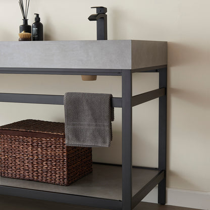 Vinnova, Funes 60M" Double Sink Bath Vanity in Matt Black Metal Support with Grey Sintered Stone Top