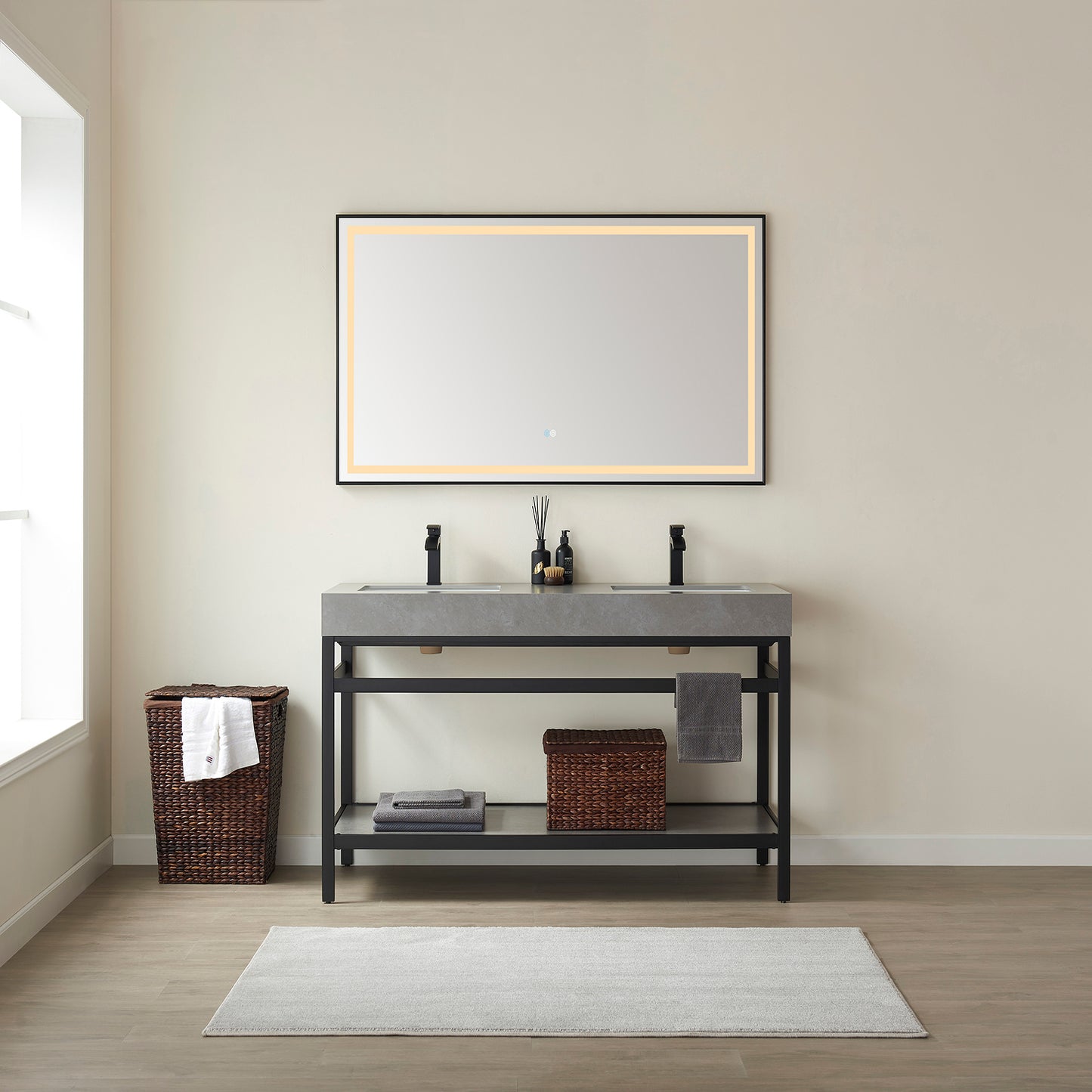 Vinnova, Funes 60M" Double Sink Bath Vanity in Matt Black Metal Support with Grey Sintered Stone Top and Mirror