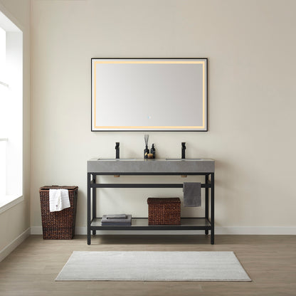 Vinnova, Funes 60M" Double Sink Bath Vanity in Matt Black Metal Support with Grey Sintered Stone Top and Mirror