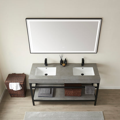 Vinnova, Funes 60M" Double Sink Bath Vanity in Matt Black Metal Support with Grey Sintered Stone Top and Mirror