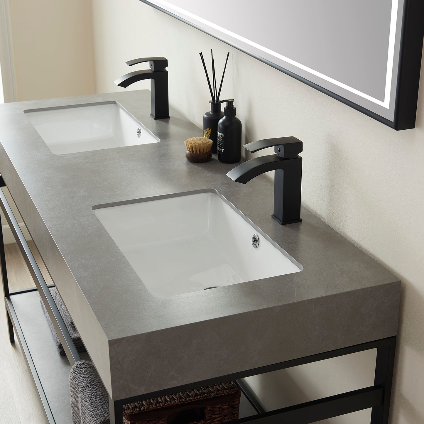 Vinnova, Funes 60M" Double Sink Bath Vanity in Matt Black Metal Support with Grey Sintered Stone Top and Mirror