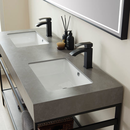 Vinnova, Funes 60M" Double Sink Bath Vanity in Matt Black Metal Support with Grey Sintered Stone Top and Mirror