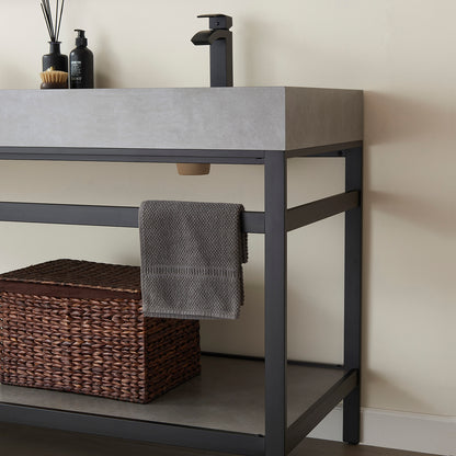 Vinnova, Funes 60M" Double Sink Bath Vanity in Matt Black Metal Support with Grey Sintered Stone Top and Mirror