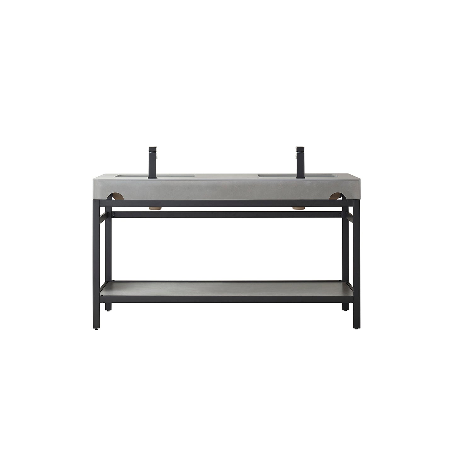 Vinnova, Funes 60M" Double Sink Bath Vanity in Matt Black Metal Support with Grey Sintered Stone Top and Mirror