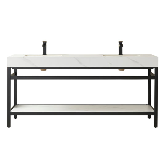 Vinnova, Funes 72" Double Sink Bath Vanity in Matt Black Metal Support with White Sintered Stone Top