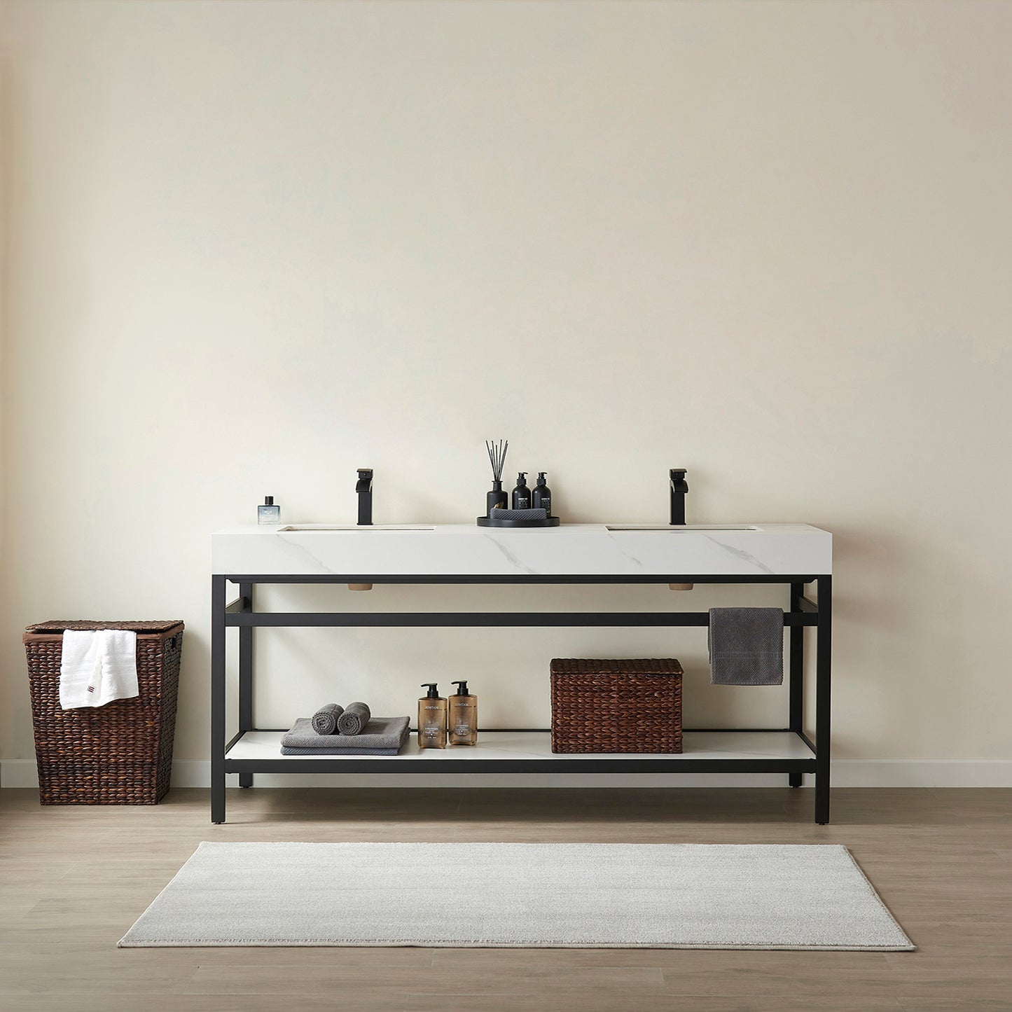 Vinnova, Funes 72" Double Sink Bath Vanity in Matt Black Metal Support with White Sintered Stone Top