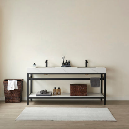 Vinnova, Funes 72" Double Sink Bath Vanity in Matt Black Metal Support with White Sintered Stone Top