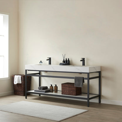Vinnova, Funes 72" Double Sink Bath Vanity in Matt Black Metal Support with White Sintered Stone Top