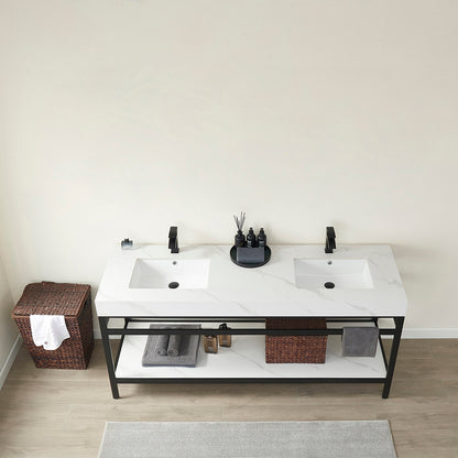 Vinnova, Funes 72" Double Sink Bath Vanity in Matt Black Metal Support with White Sintered Stone Top
