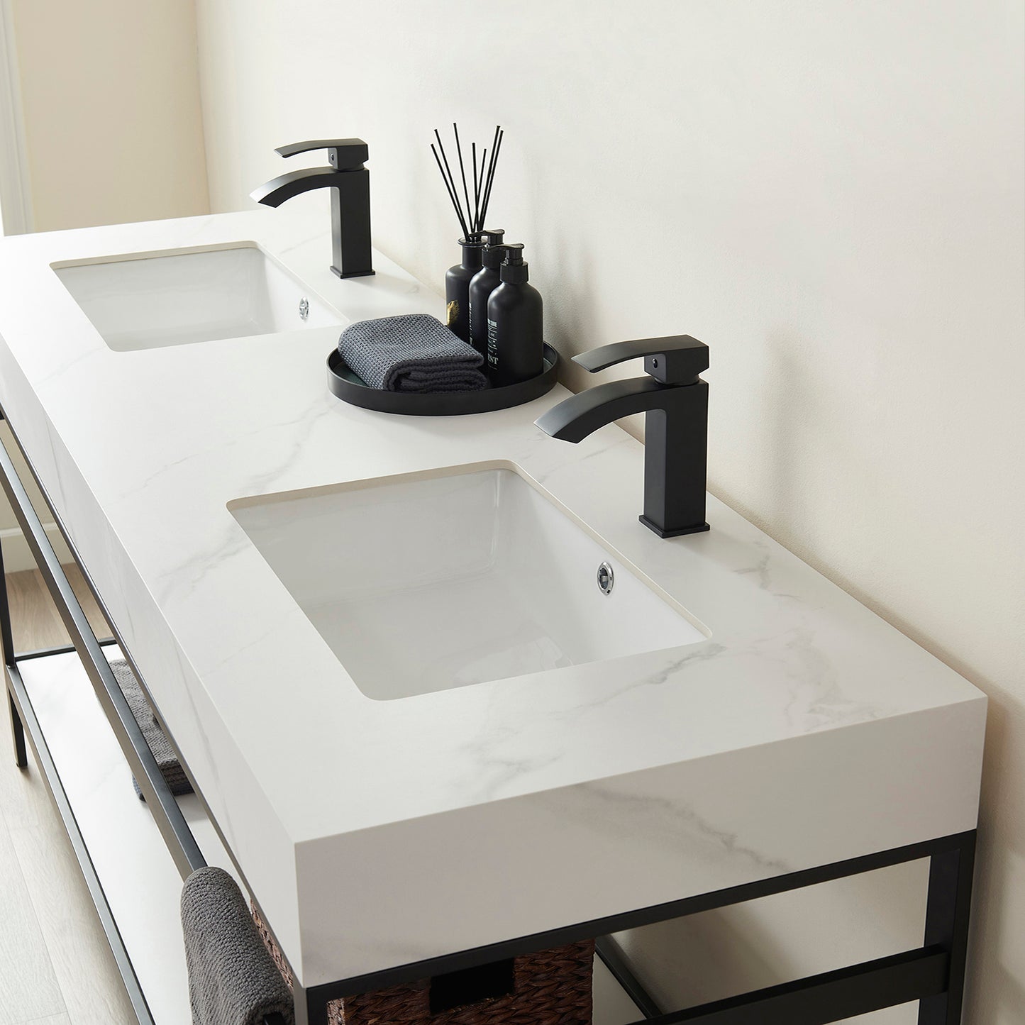 Vinnova, Funes 72" Double Sink Bath Vanity in Matt Black Metal Support with White Sintered Stone Top