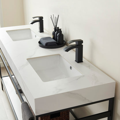 Vinnova, Funes 72" Double Sink Bath Vanity in Matt Black Metal Support with White Sintered Stone Top