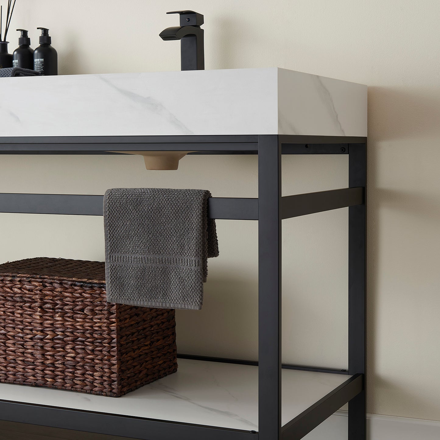Vinnova, Funes 72" Double Sink Bath Vanity in Matt Black Metal Support with White Sintered Stone Top