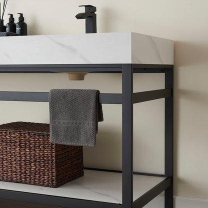 Vinnova, Funes 72" Double Sink Bath Vanity in Matt Black Metal Support with White Sintered Stone Top