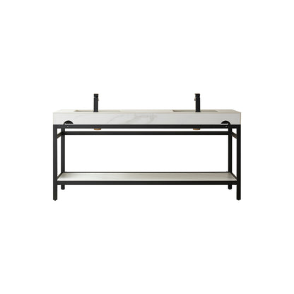 Vinnova, Funes 72" Double Sink Bath Vanity in Matt Black Metal Support with White Sintered Stone Top