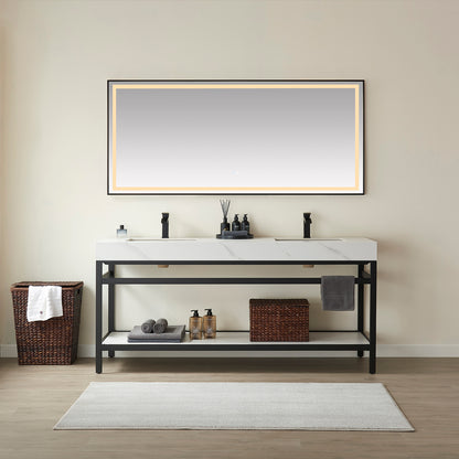 Vinnova, Funes 72" Double Sink Bath Vanity in Matt Black Metal Support with White Sintered Stone Top and Mirror