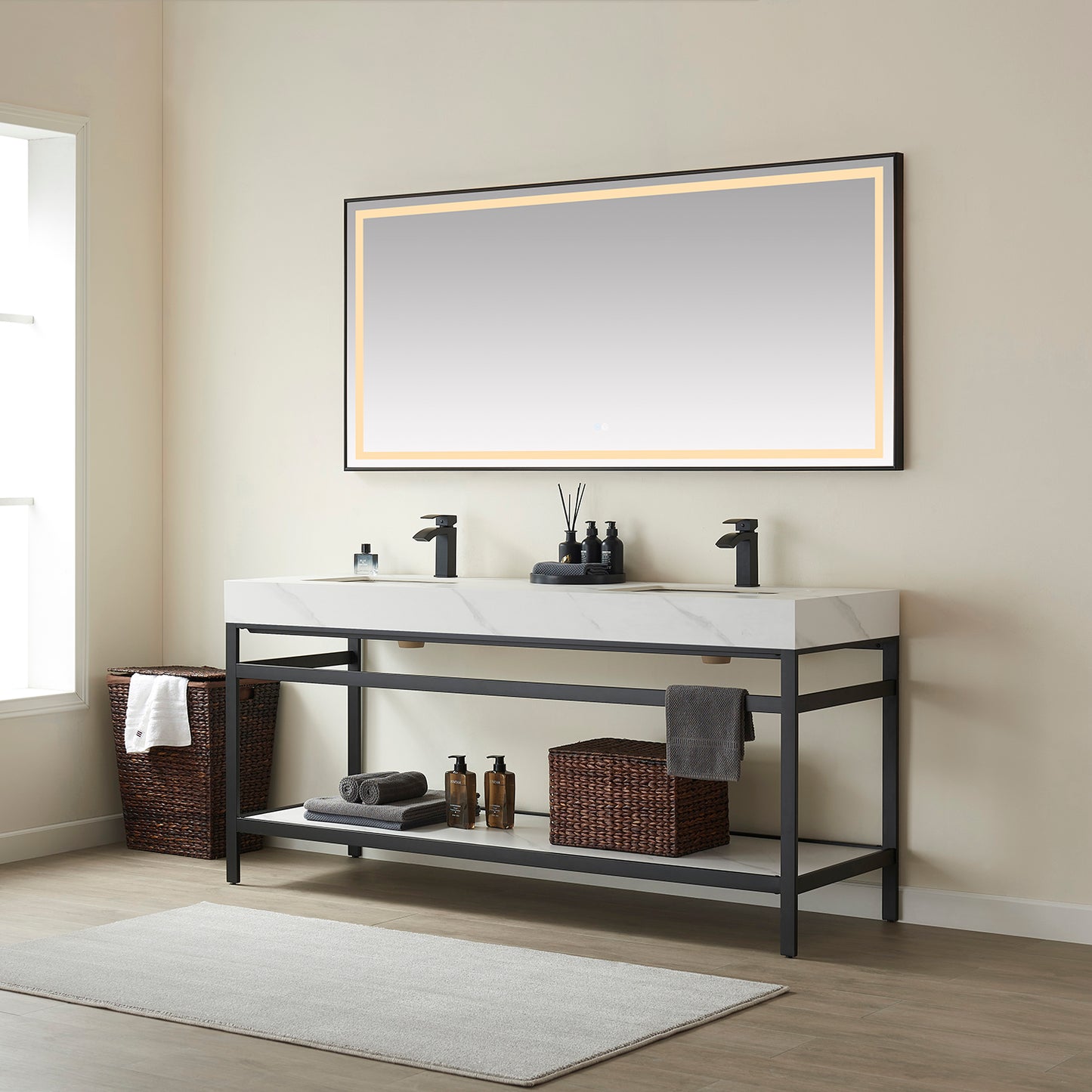 Vinnova, Funes 72" Double Sink Bath Vanity in Matt Black Metal Support with White Sintered Stone Top and Mirror