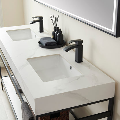 Vinnova, Funes 72" Double Sink Bath Vanity in Matt Black Metal Support with White Sintered Stone Top and Mirror