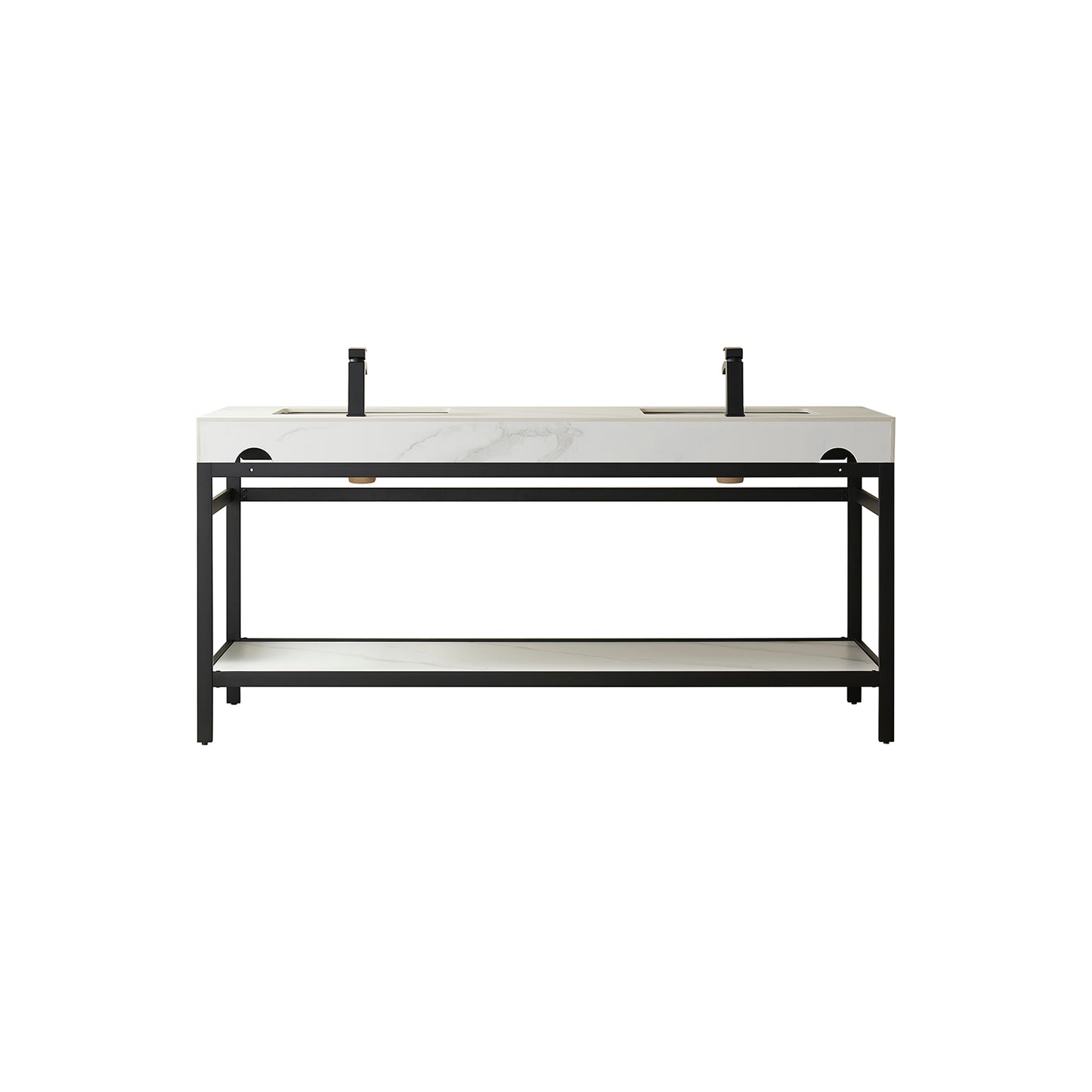 Vinnova, Funes 72" Double Sink Bath Vanity in Matt Black Metal Support with White Sintered Stone Top and Mirror