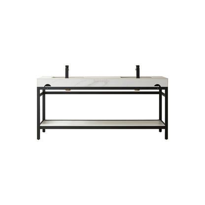 Vinnova, Funes 72" Double Sink Bath Vanity in Matt Black Metal Support with White Sintered Stone Top and Mirror