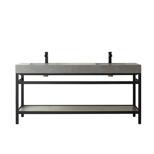 Vinnova, Funes 72" Double Sink Bath Vanity in Matt Black Metal Support with Grey Sintered Stone Top