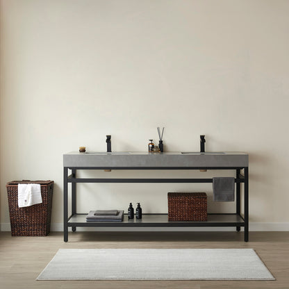Vinnova, Funes 72" Double Sink Bath Vanity in Matt Black Metal Support with Grey Sintered Stone Top