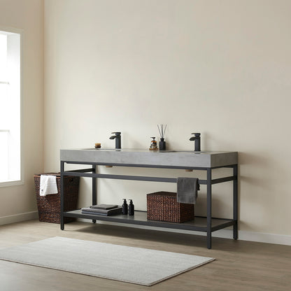 Vinnova, Funes 72" Double Sink Bath Vanity in Matt Black Metal Support with Grey Sintered Stone Top