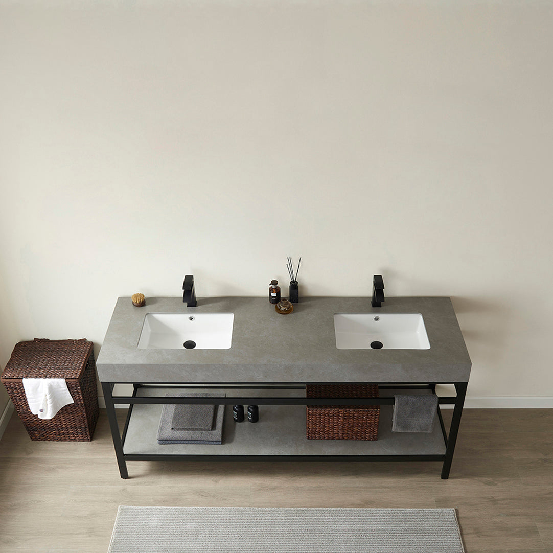Vinnova, Funes 72" Double Sink Bath Vanity in Matt Black Metal Support with Grey Sintered Stone Top