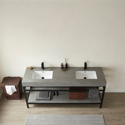 Vinnova, Funes 72" Double Sink Bath Vanity in Matt Black Metal Support with Grey Sintered Stone Top