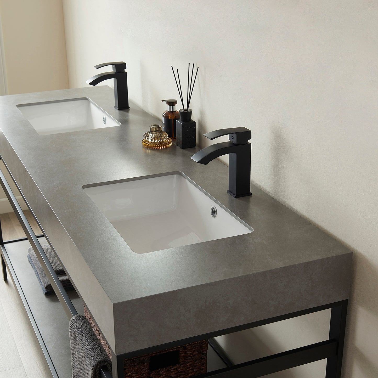 Vinnova, Funes 72" Double Sink Bath Vanity in Matt Black Metal Support with Grey Sintered Stone Top