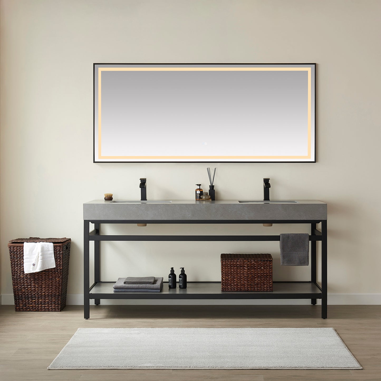 Vinnova, Funes 72" Double Sink Bath Vanity in Matt Black Metal Support with Grey Sintered Stone Top and Mirror