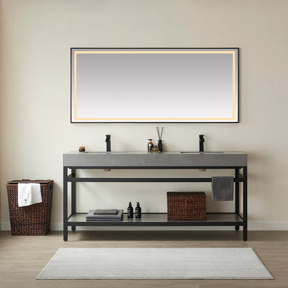 Vinnova, Funes 72" Double Sink Bath Vanity in Matt Black Metal Support with Grey Sintered Stone Top and Mirror