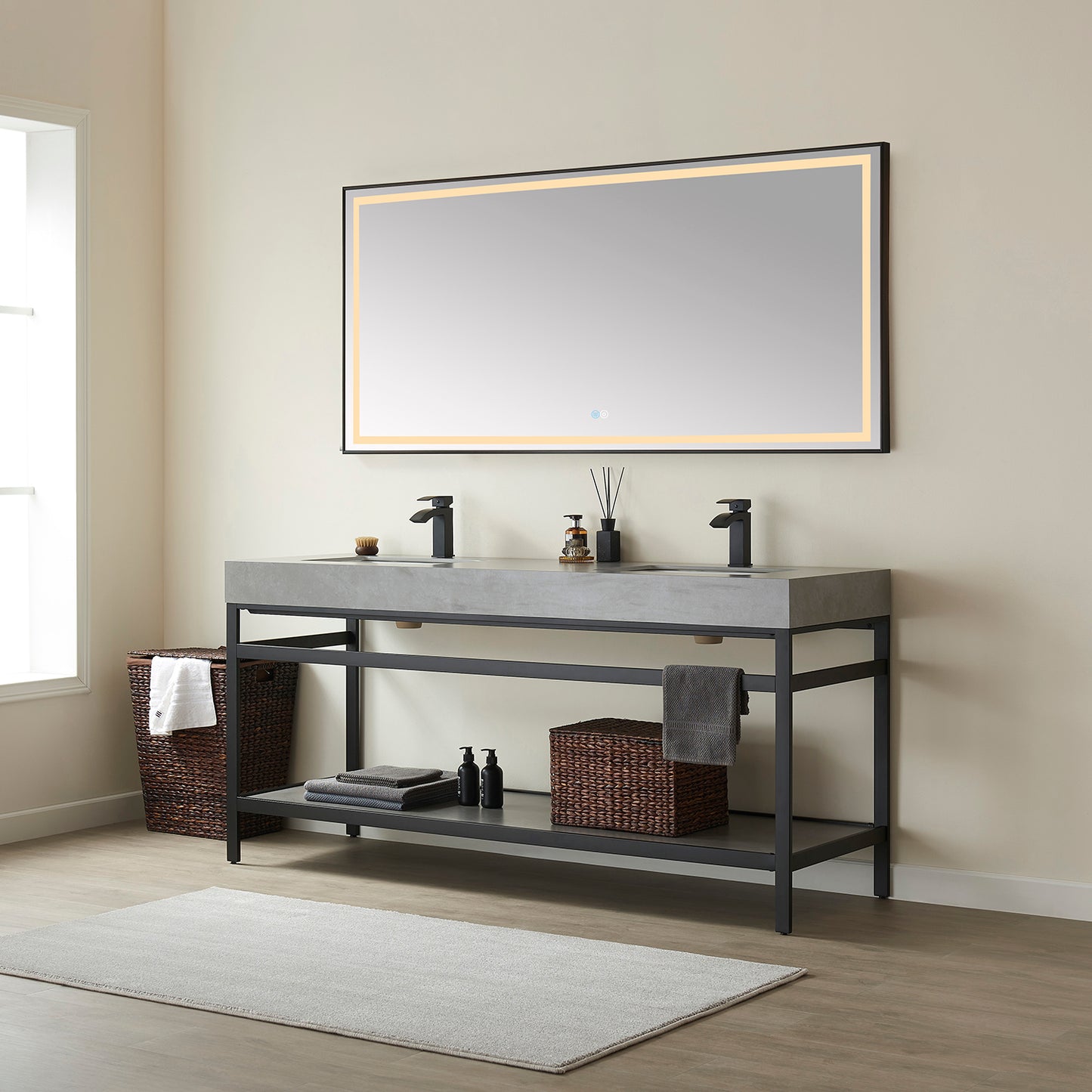 Vinnova, Funes 72" Double Sink Bath Vanity in Matt Black Metal Support with Grey Sintered Stone Top and Mirror