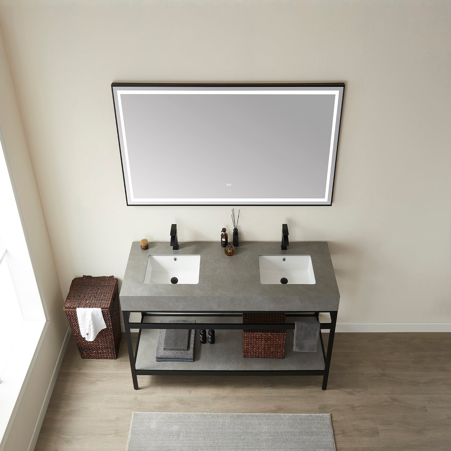 Vinnova, Funes 72" Double Sink Bath Vanity in Matt Black Metal Support with Grey Sintered Stone Top and Mirror