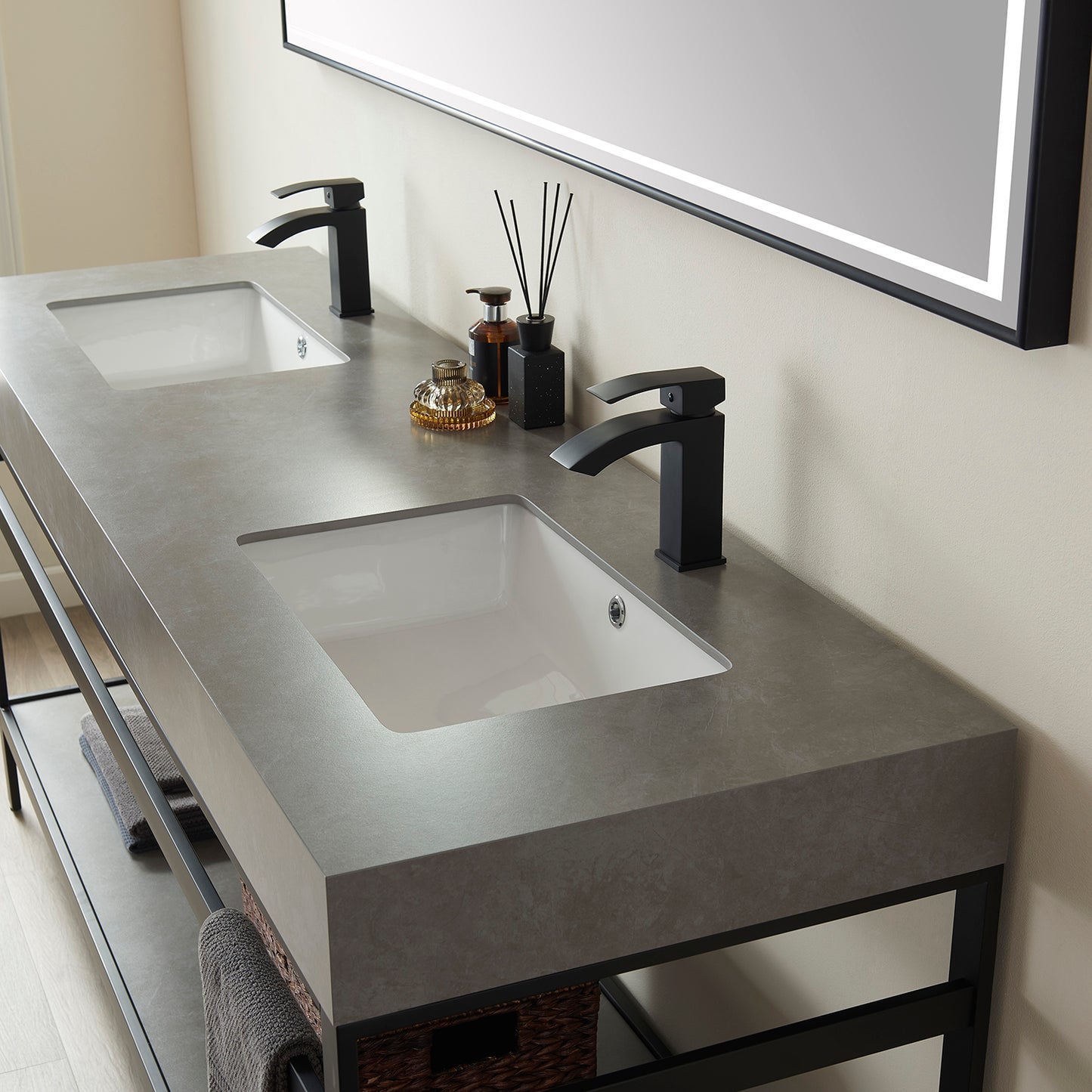 Vinnova, Funes 72" Double Sink Bath Vanity in Matt Black Metal Support with Grey Sintered Stone Top and Mirror