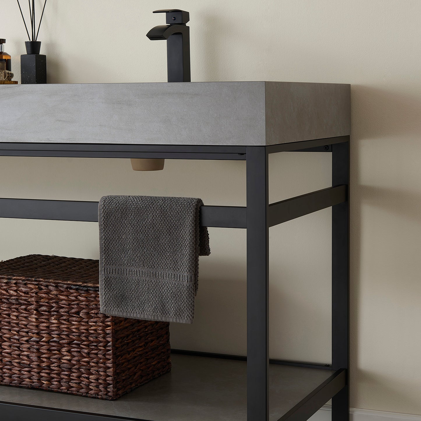 Vinnova, Funes 72" Double Sink Bath Vanity in Matt Black Metal Support with Grey Sintered Stone Top and Mirror