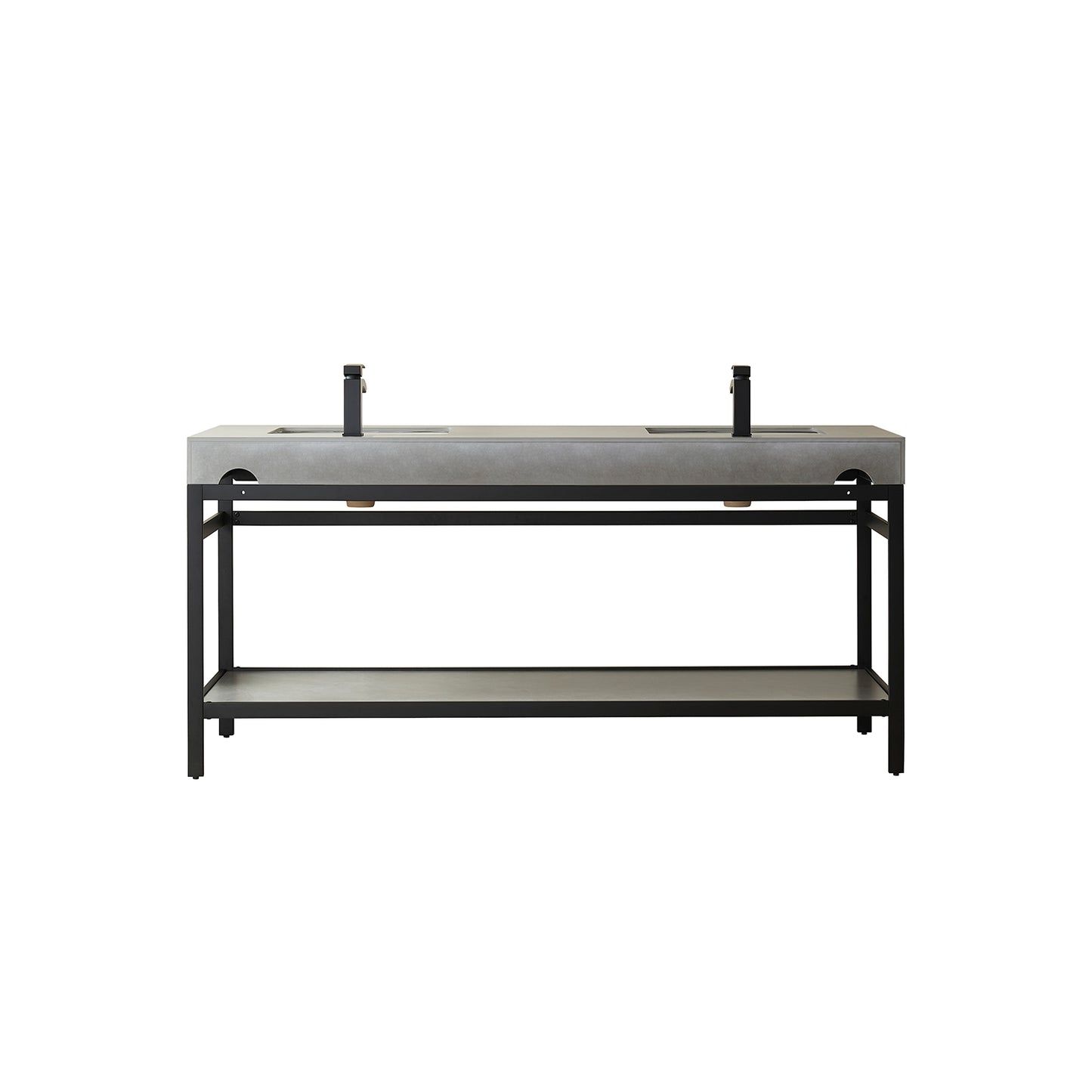 Vinnova, Funes 72" Double Sink Bath Vanity in Matt Black Metal Support with Grey Sintered Stone Top and Mirror