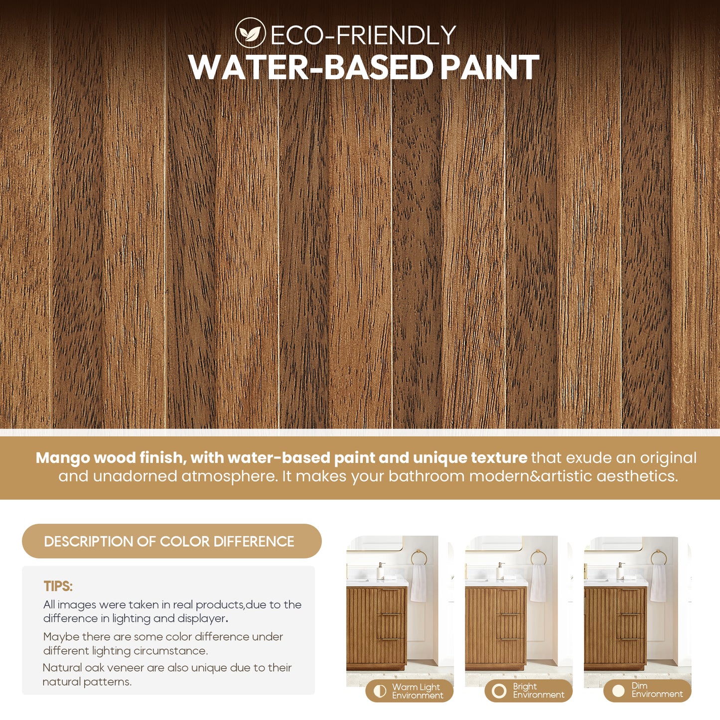 Vinnova, Bangkok 36" Single Sink Bath Vanity in Mango Wood Light Brown with White Grain Composite Stone Top