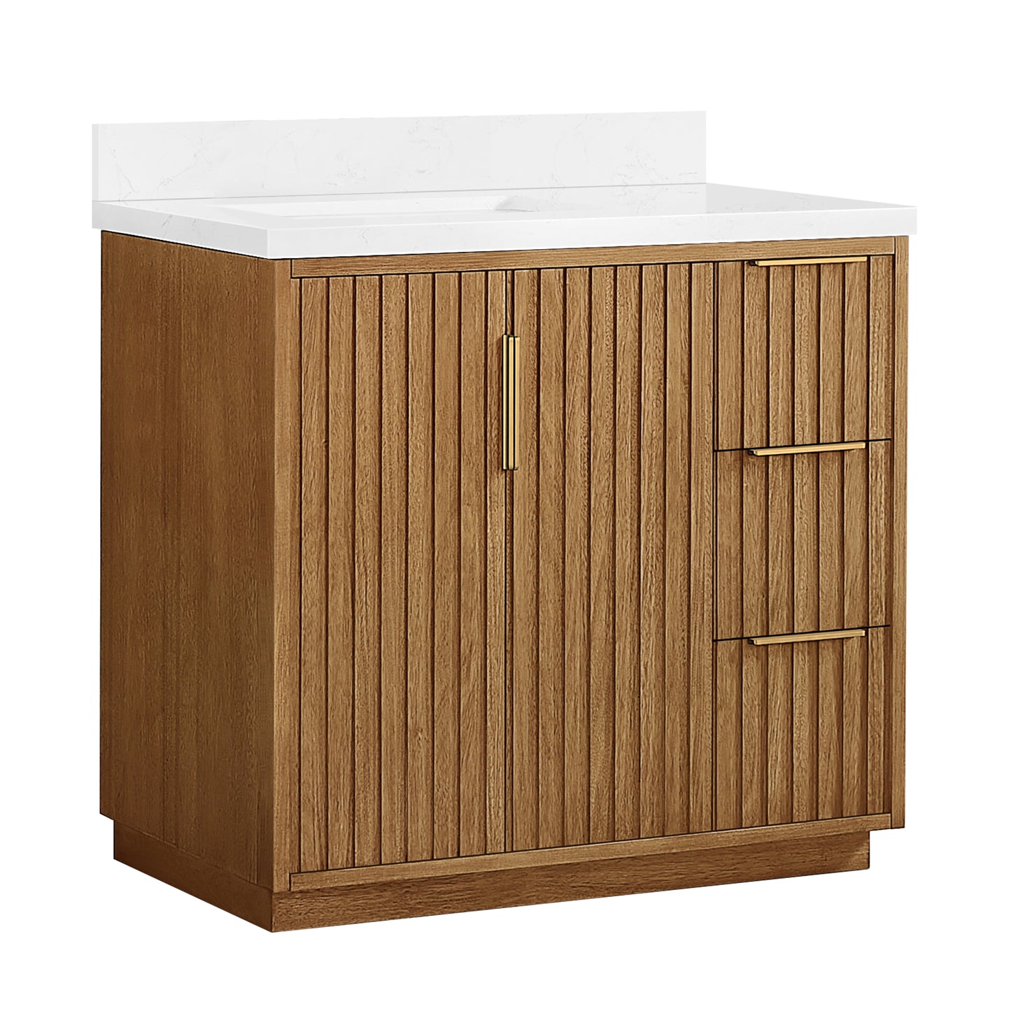 Vinnova, Bangkok 36" Single Sink Bath Vanity in Mango Wood Light Brown with White Grain Composite Stone Top