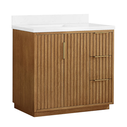 Vinnova, Bangkok 36" Single Sink Bath Vanity in Mango Wood Light Brown with White Grain Composite Stone Top